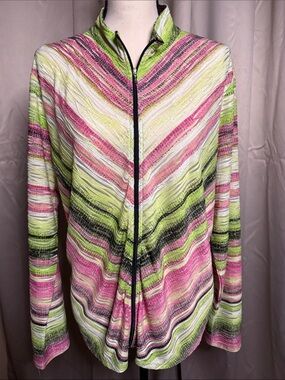 erin london Pink Green Striped Zip-Front Blouse